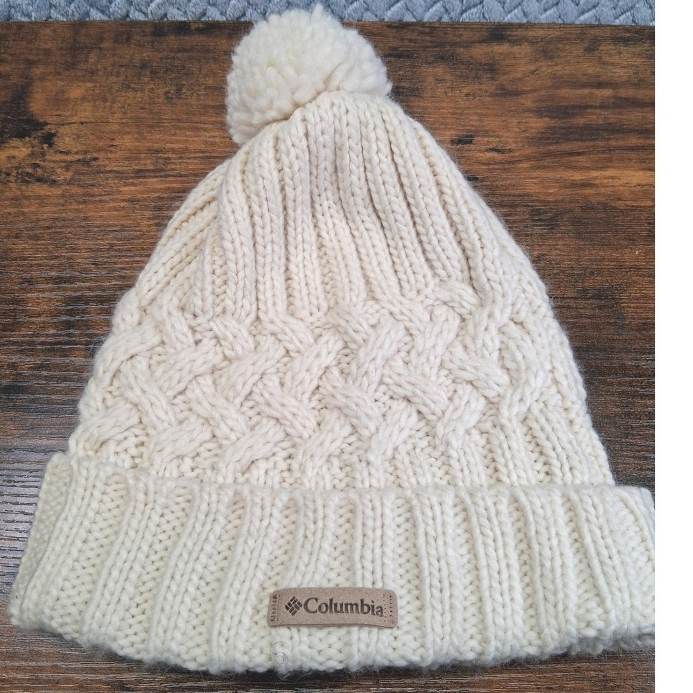 Columbia Cream Cable Knit Beanie Pom Pom Winter Hat Cream Off White One Size